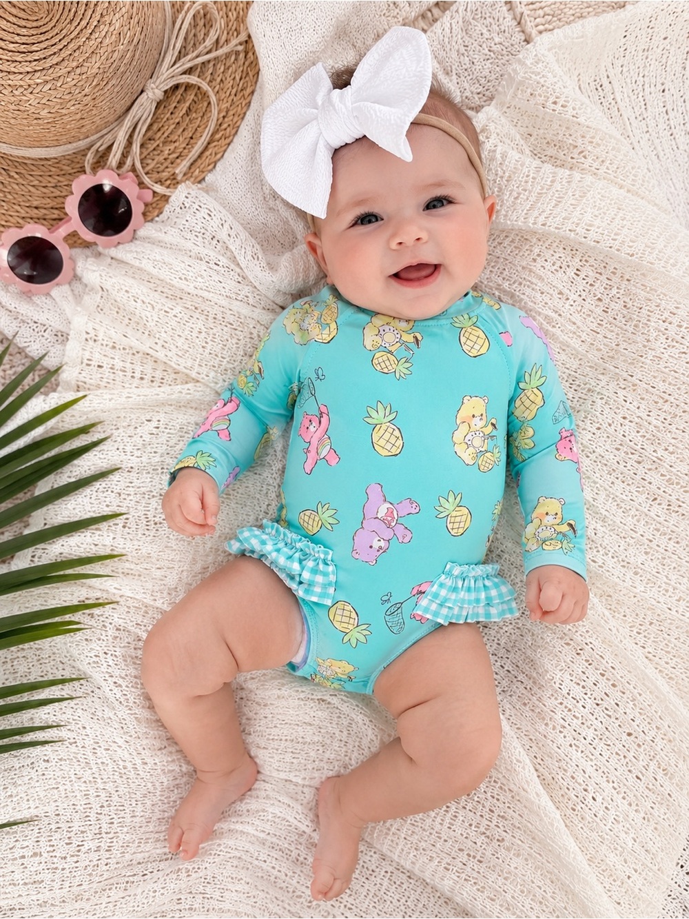 Kids Long-Sleeve Ruffle One-Piece Swimsuit - Aqua Pineapple & Bears